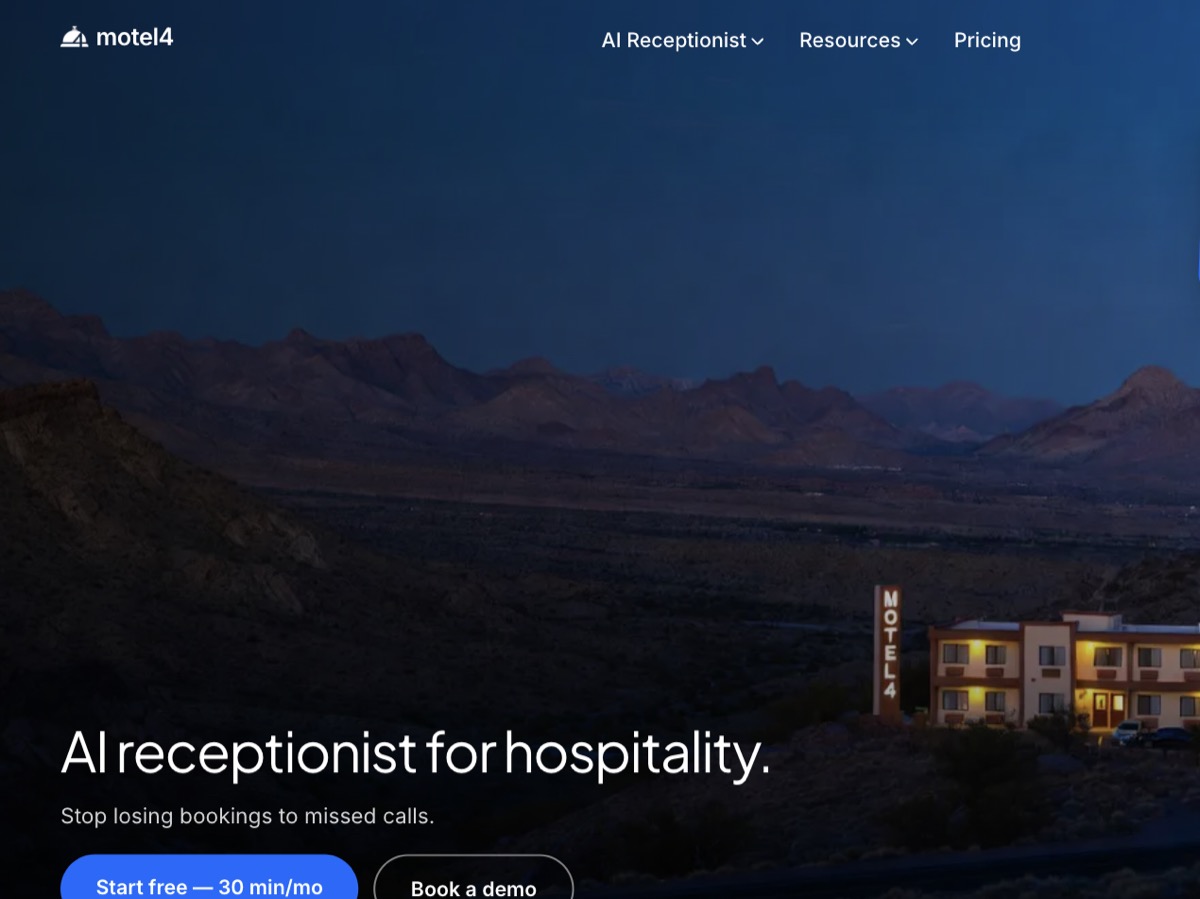 The motel4.ai homepage: a motel lit up at dusk, headline 'AI receptionist for hospitality,' and a 'Start free' button.