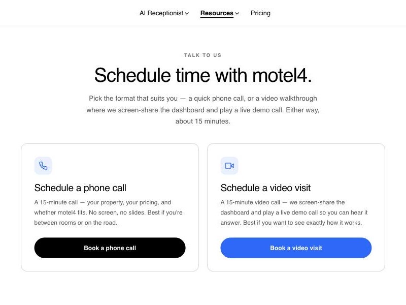 The motel4.ai scheduling page for booking a demo call or video visit.