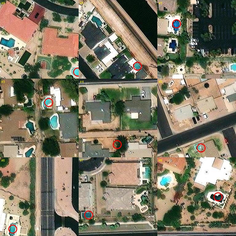 Nine aerial photo crops of houses, each with a red circle where the detector flagged a pool. Most circles sit on a clearly blue pool; one sits on bare ground next to a pool it missed.