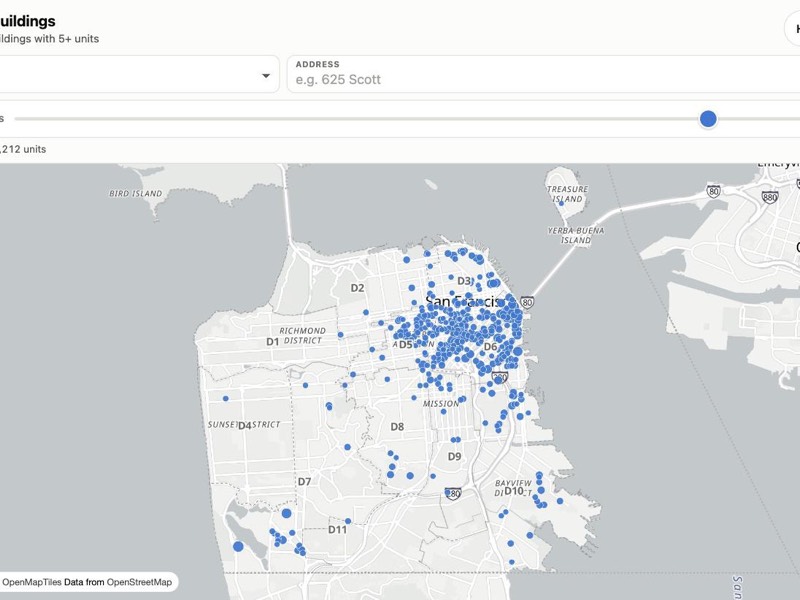 Map of San Francisco showing the 410 buildings with 100 or more units as blue dots, with a size slider above the map.